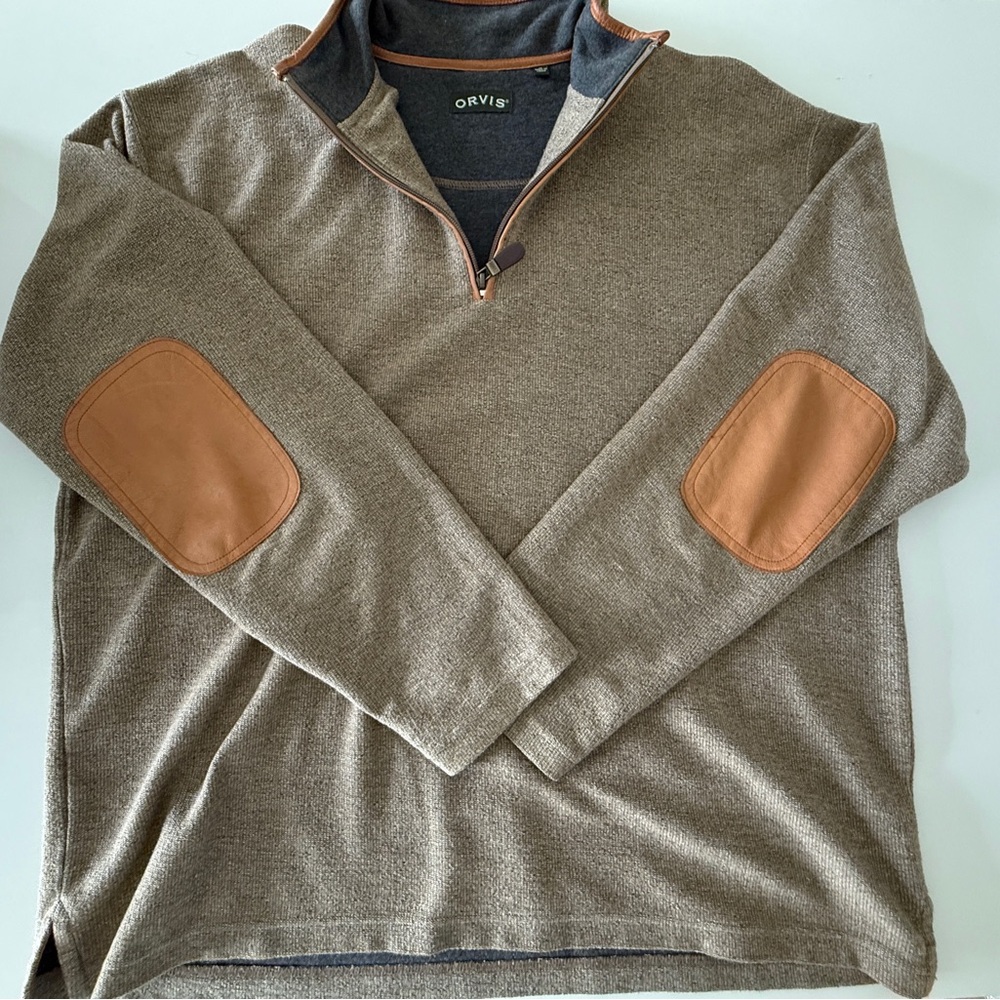 Orvis Men's Tan Zip-Up Sweater with Elbow Patches